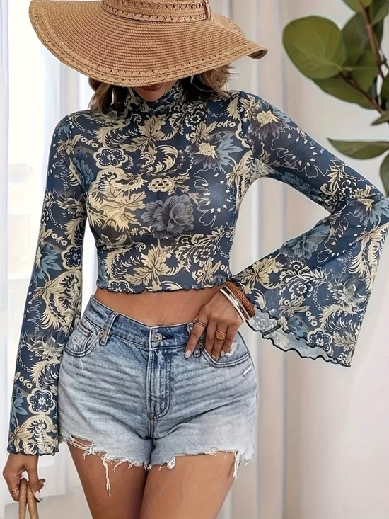 Tops - 💫HOST PICK💫Floral Mesh Bell-Sleeve Crop Top - Blue Cream